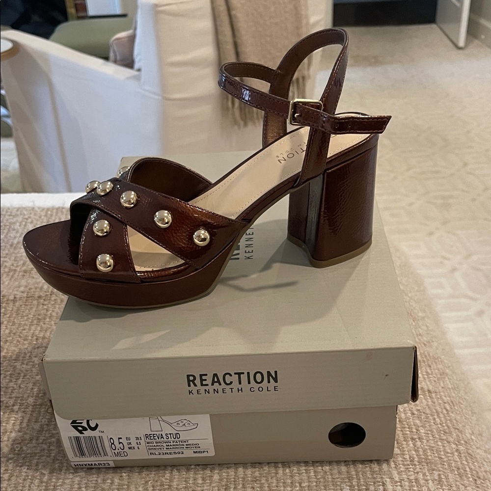Kenneth Cole Reaction Women's Reeva Mid Brown Patent Studded Heel